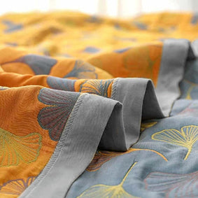 100% Cotton Woven Throw Blanket with Ginkgo Leaf Pattern, Reversible Japandi Bed Coverlet & Sofa Throw, Yellow & Blue, 3 Sizes