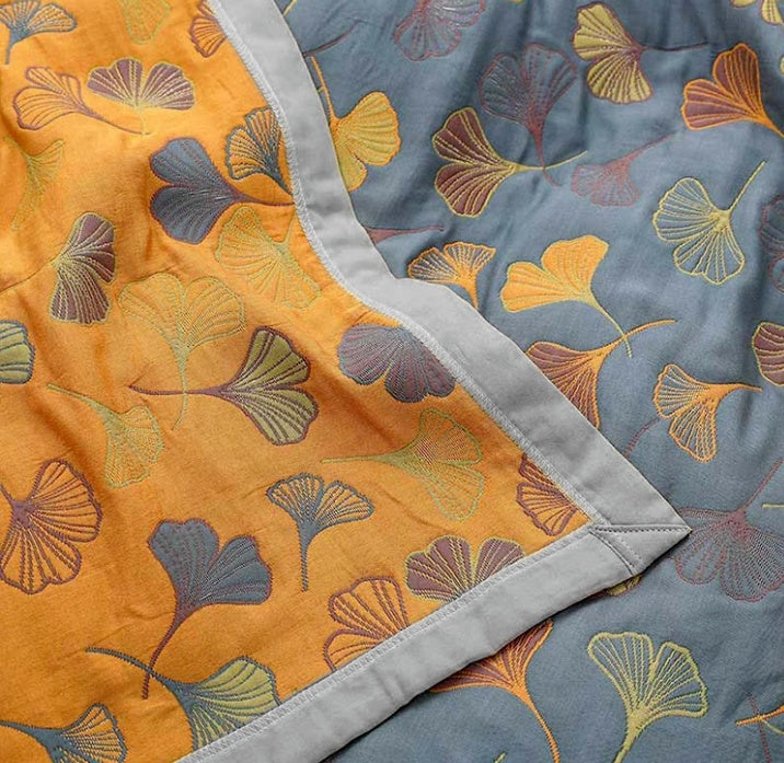 100% Cotton Woven Throw Blanket with Ginkgo Leaf Pattern, Reversible Japandi Bed Coverlet & Sofa Throw, Yellow & Blue, 3 Sizes