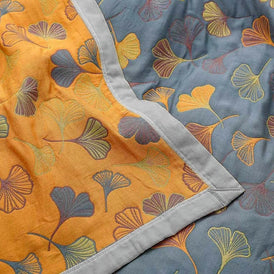 100% Cotton Woven Throw Blanket with Ginkgo Leaf Pattern, Reversible Japandi Bed Coverlet & Sofa Throw, Yellow & Blue, 3 Sizes
