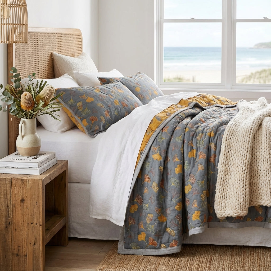 100% Cotton Woven Throw Blanket with Ginkgo Leaf Pattern, Reversible Japandi Bed Coverlet & Sofa Throw, Yellow & Blue, 3 Sizes