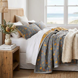 100% Cotton Woven Throw Blanket with Ginkgo Leaf Pattern, Reversible Japandi Bed Coverlet & Sofa Throw, Yellow & Blue, 3 Sizes