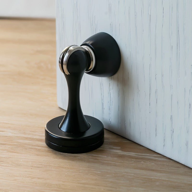 Curved Solid Brass Magnetic Door Holder, Modern Floor Mounted Door Catch, Soft Action Hold, 6 Finishes, 2.8in