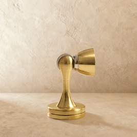 Curved Solid Brass Magnetic Door Holder, Modern Floor Mounted Door Catch, Soft Action Hold, 6 Finishes, 2.8in