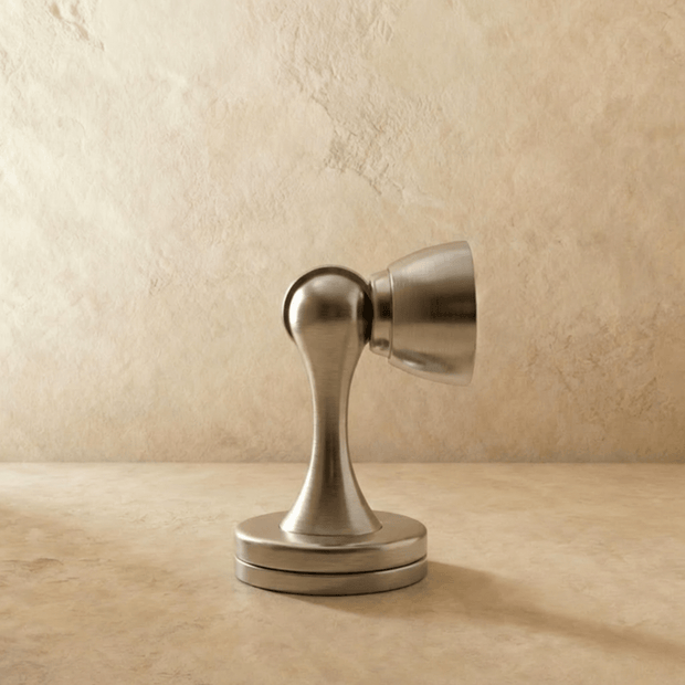 Curved Solid Brass Magnetic Door Holder, Modern Floor Mounted Door Catch, Soft Action Hold, 6 Finishes, 2.8in