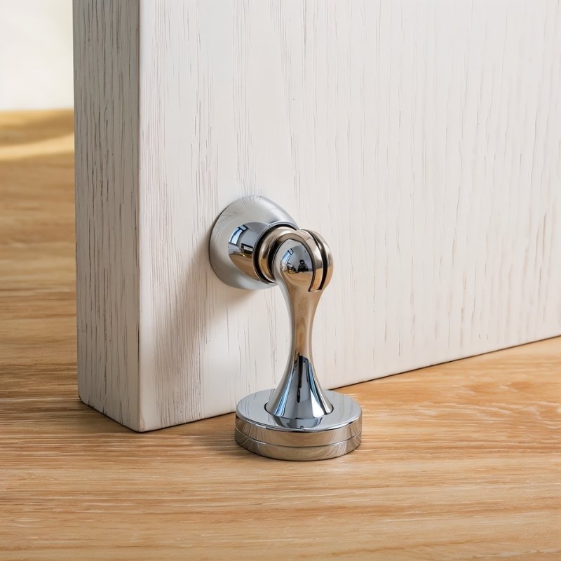 Curved Solid Brass Magnetic Door Holder, Modern Floor Mounted Door Catch, Soft Action Hold, 6 Finishes, 2.8in
