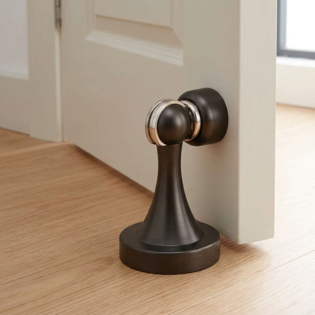Curved Magnetic Door Stopper in Solid Brass, Minimalist Floor Mounted Door Holder, Corrosion Resistant, 5 Finishes, 3.3in