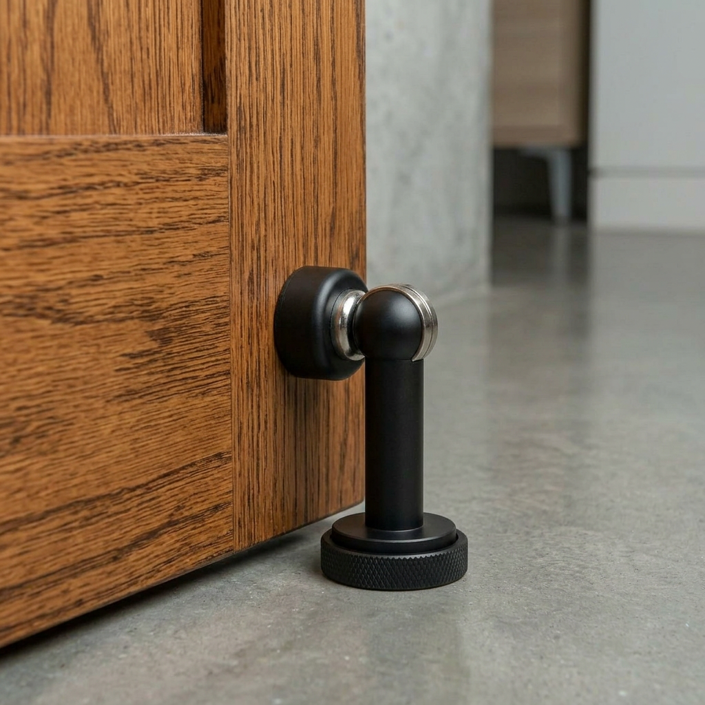 Solid Brass Magnetic Door Stop with Knurled Base, Industrial Floor Mounted Door Holder, Holds Doors Open, 3 Finishes, 3.2in