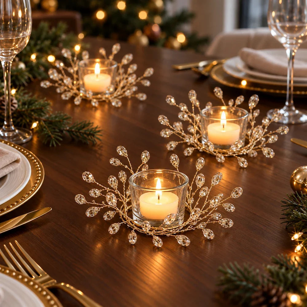 Christmas Candle Ring, Gold Branch Candle Wreath with Acrylic Gems, 2 Sizes