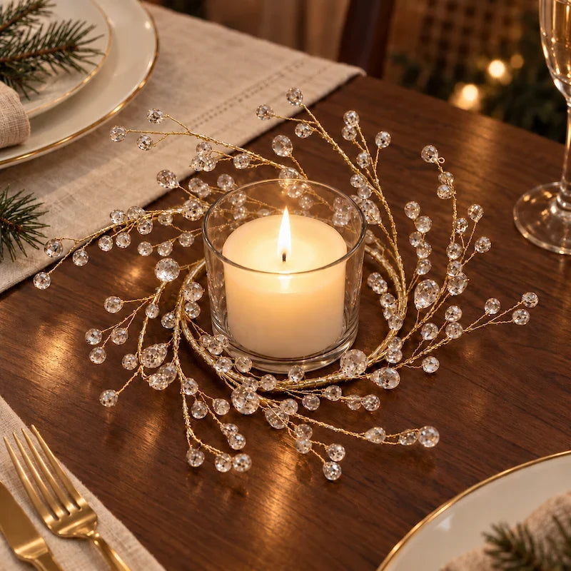 Christmas Candle Ring, Gold Branch Candle Wreath with Acrylic Gems, 2 Sizes