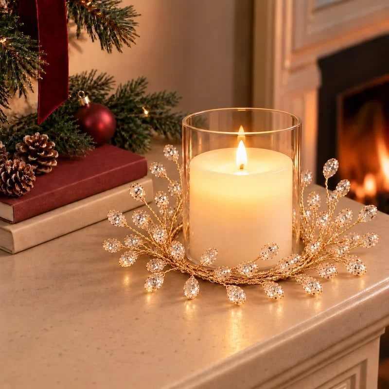Christmas Candle Ring, Gold Branch Candle Wreath with Acrylic Gems, 2 Sizes