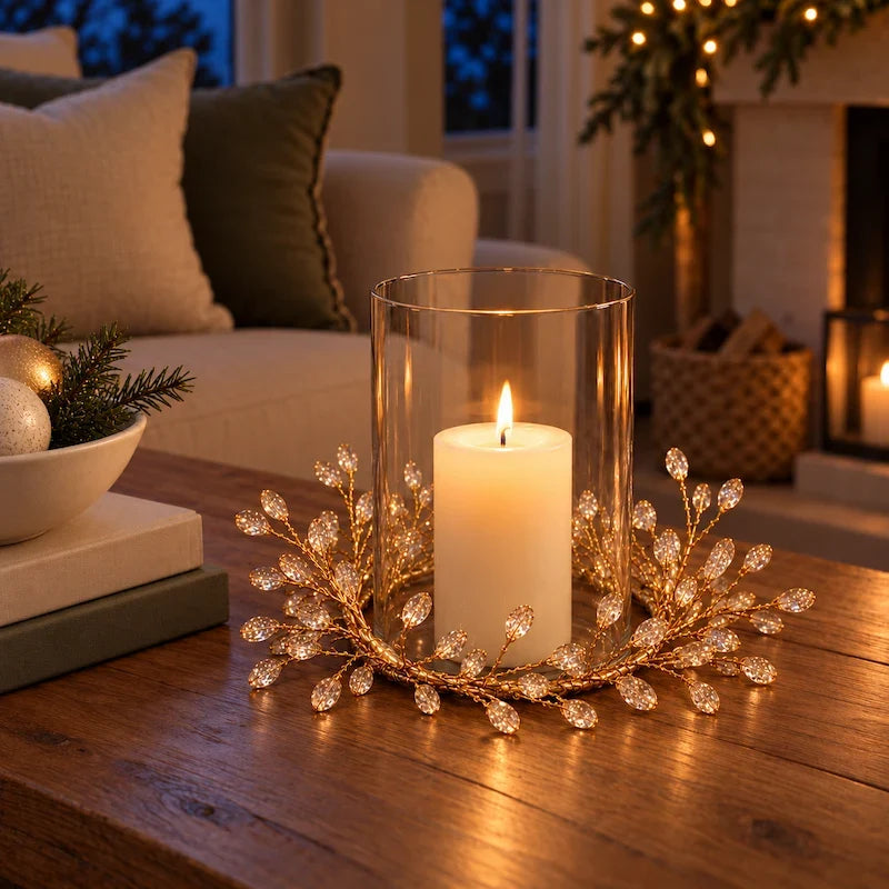 Christmas Candle Ring, Gold Branch Candle Wreath with Acrylic Gems, 2 Sizes