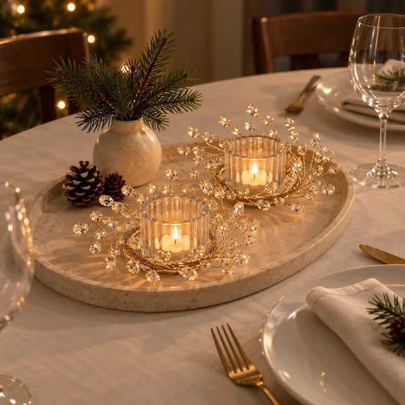 Christmas Candle Ring, Gold Branch Candle Wreath with Acrylic Gems, 2 Sizes
