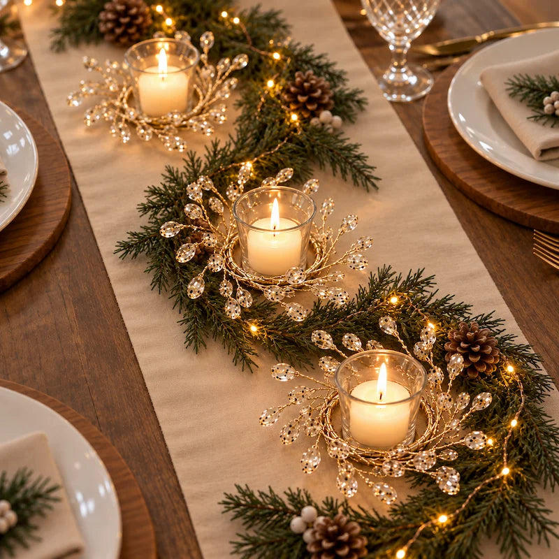 Christmas Candle Ring, Gold Branch Candle Wreath with Acrylic Gems, 2 Sizes