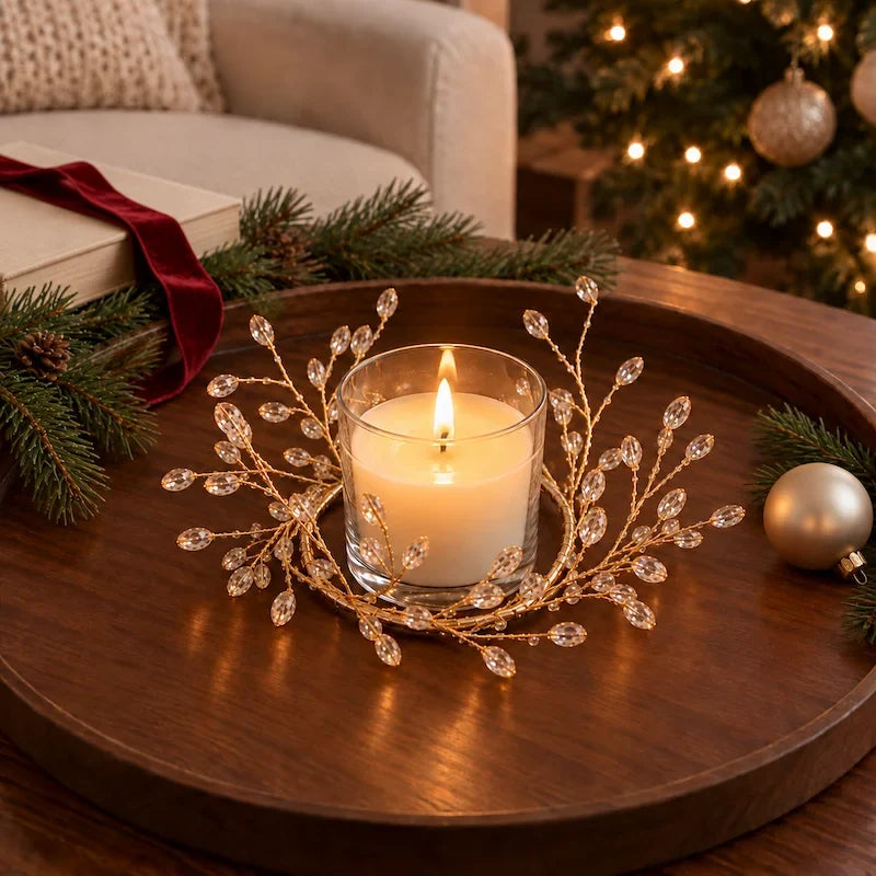 Christmas Candle Ring, Gold Branch Candle Wreath with Acrylic Gems, 2 Sizes