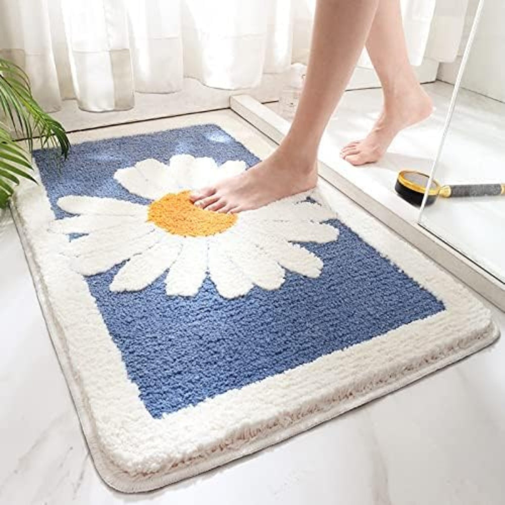 Daisy Print Plush Bath Mat, Soft Absorbent Bathroom & Shower Mat, Machine Washable Non Slip, 3 Colors, 3 Sizes
