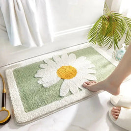 Daisy Print Plush Bath Mat, Soft Absorbent Bathroom & Shower Mat, Machine Washable Non Slip, 3 Colors, 3 Sizes