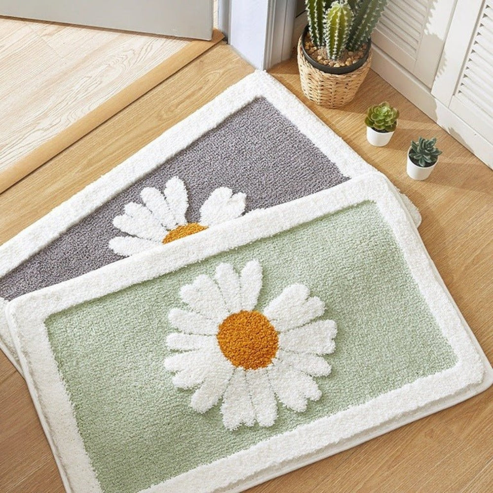 Daisy Print Plush Bath Mat, Soft Absorbent Bathroom & Shower Mat, Machine Washable Non Slip, 3 Colors, 3 Sizes