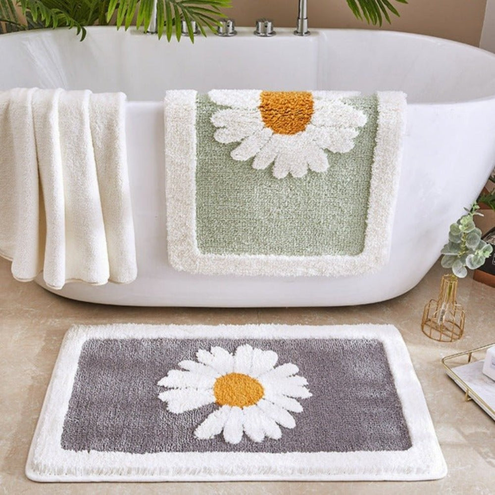 Daisy Print Plush Bath Mat, Soft Absorbent Bathroom & Shower Mat, Machine Washable Non Slip, 3 Colors, 3 Sizes