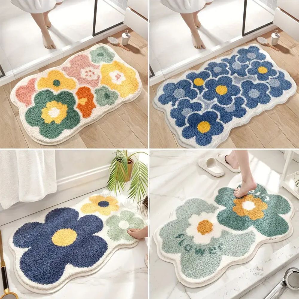 Tufted Floral Bath Mat with Raised Pile, Absorbent Bathroom & Shower Mat, Machine Washable Non Slip, 4 Colors, 2 Sizes