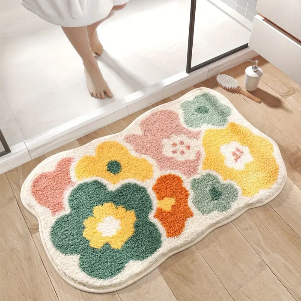 Tufted Floral Bath Mat with Raised Pile, Absorbent Bathroom & Shower Mat, Machine Washable Non Slip, 4 Colors, 2 Sizes
