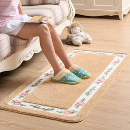 Floral Border Bath Mat with Plain Centre, Absorbent Bathroom & Kitchen Mat, Quick Dry Non Slip, 6 Colors, 3 Sizes