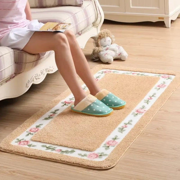 Floral Border Bath Mat with Plain Centre, Absorbent Bathroom & Kitchen Mat, Quick Dry Non Slip, 6 Colors, 3 Sizes