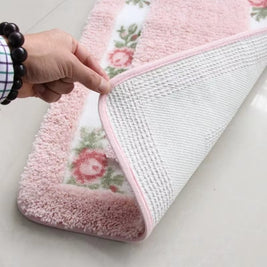 Floral Border Bath Mat with Plain Centre, Absorbent Bathroom & Kitchen Mat, Quick Dry Non Slip, 6 Colors, 3 Sizes