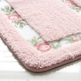 Floral Border Bath Mat with Plain Centre, Absorbent Bathroom & Kitchen Mat, Quick Dry Non Slip, 6 Colors, 3 Sizes