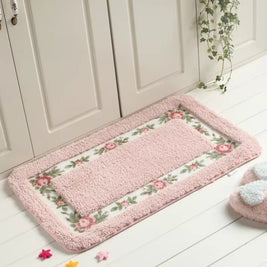 Floral Border Bath Mat with Plain Centre, Absorbent Bathroom & Kitchen Mat, Quick Dry Non Slip, 6 Colors, 3 Sizes