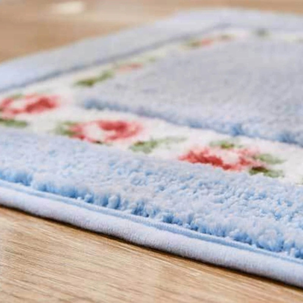 Oval Bath Mat with Floral Border, Plush Absorbent Bathroom & Entryway Mat, Non Slip, 5 Colors, 2 Sizes
