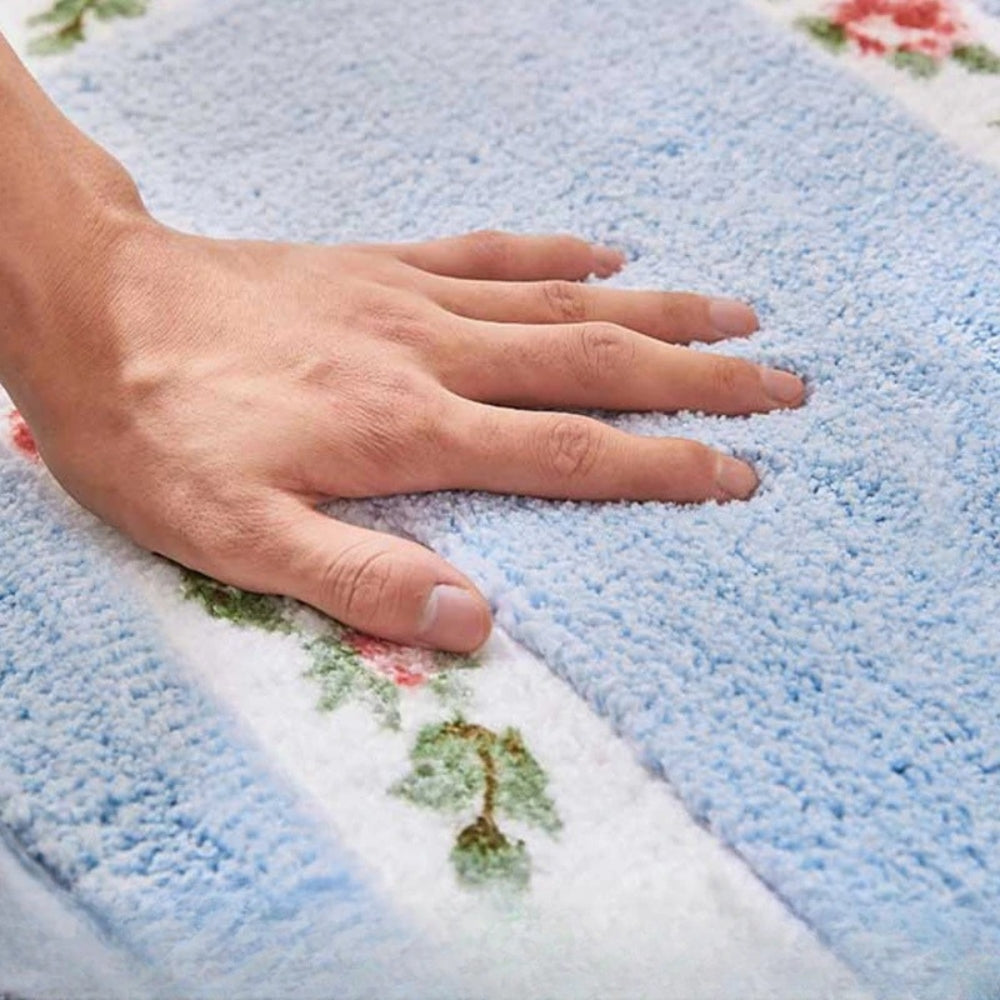 Oval Bath Mat with Floral Border, Plush Absorbent Bathroom & Entryway Mat, Non Slip, 5 Colors, 2 Sizes