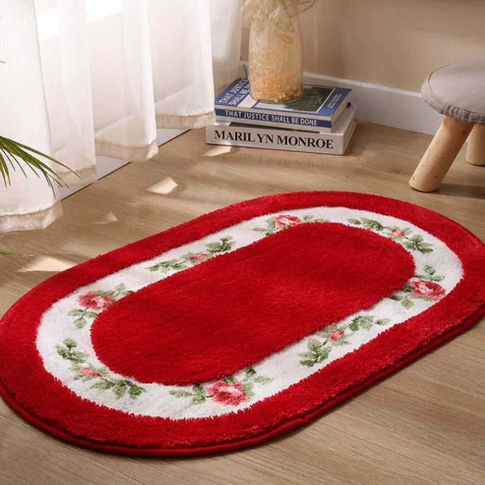 Oval Bath Mat with Floral Border, Plush Absorbent Bathroom & Entryway Mat, Non Slip, 5 Colors, 2 Sizes