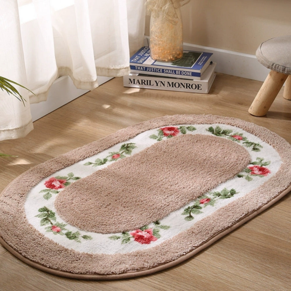 Oval Bath Mat with Floral Border, Plush Absorbent Bathroom & Entryway Mat, Non Slip, 5 Colors, 2 Sizes