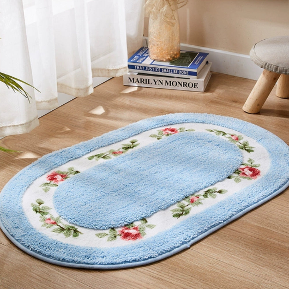 Oval Bath Mat with Floral Border, Plush Absorbent Bathroom & Entryway Mat, Non Slip, 5 Colors, 2 Sizes