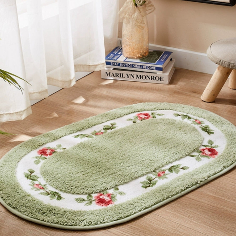 Oval Bath Mat with Floral Border, Plush Absorbent Bathroom & Entryway Mat, Non Slip, 5 Colors, 2 Sizes