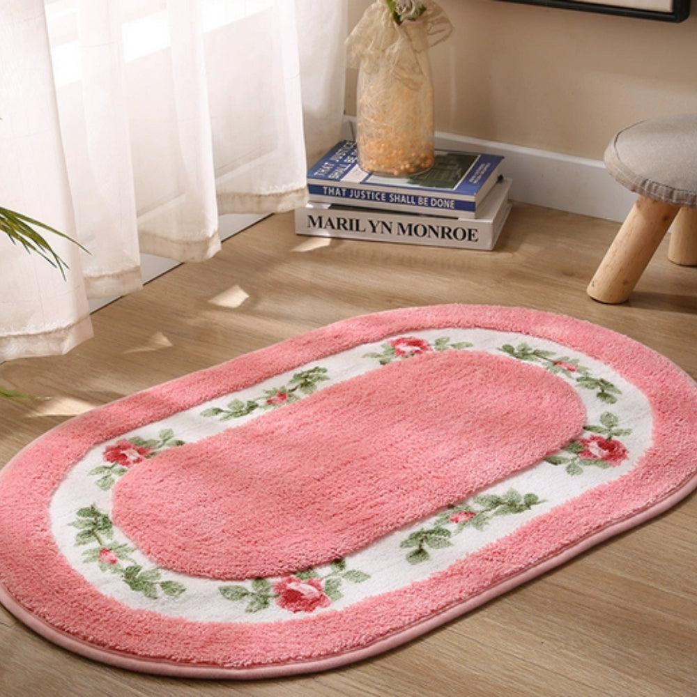 Oval Bath Mat with Floral Border, Plush Absorbent Bathroom & Entryway Mat, Non Slip, 5 Colors, 2 Sizes