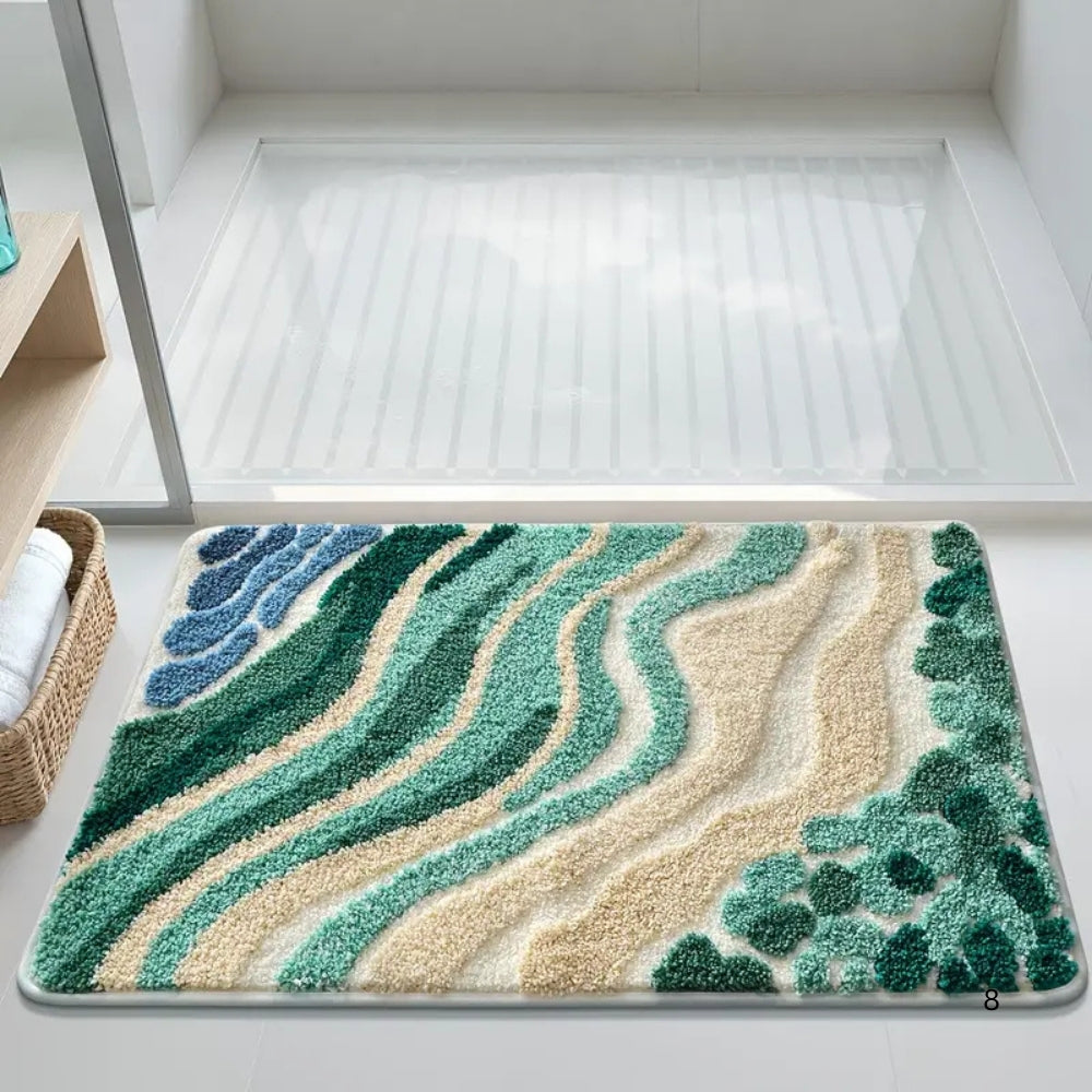 Wave Pattern Bath Mat in Coastal Blue, Plush Absorbent Bathroom & Entryway Mat, Non Slip, 2 Sizes, 16-20in