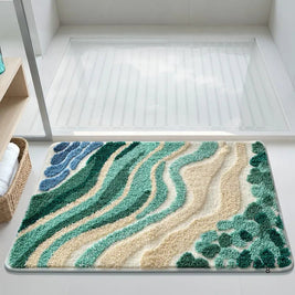 Wave Pattern Bath Mat in Coastal Blue, Plush Absorbent Bathroom & Entryway Mat, Non Slip, 2 Sizes, 16-20in