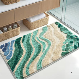 Wave Pattern Bath Mat in Coastal Blue, Plush Absorbent Bathroom & Entryway Mat, Non Slip, 2 Sizes, 16-20in