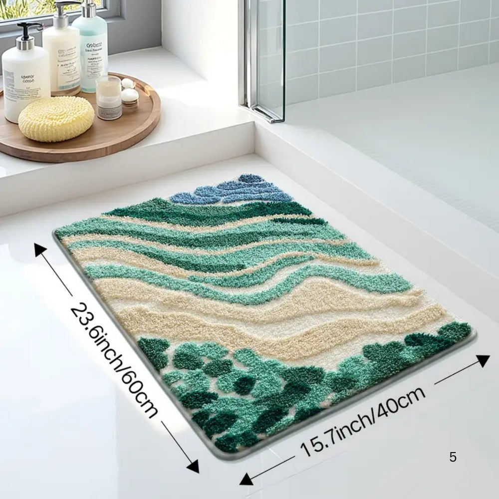Wave Pattern Bath Mat in Coastal Blue, Plush Absorbent Bathroom & Entryway Mat, Non Slip, 2 Sizes, 16-20in