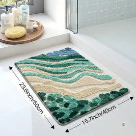 Wave Pattern Bath Mat in Coastal Blue, Plush Absorbent Bathroom & Entryway Mat, Non Slip, 2 Sizes, 16-20in