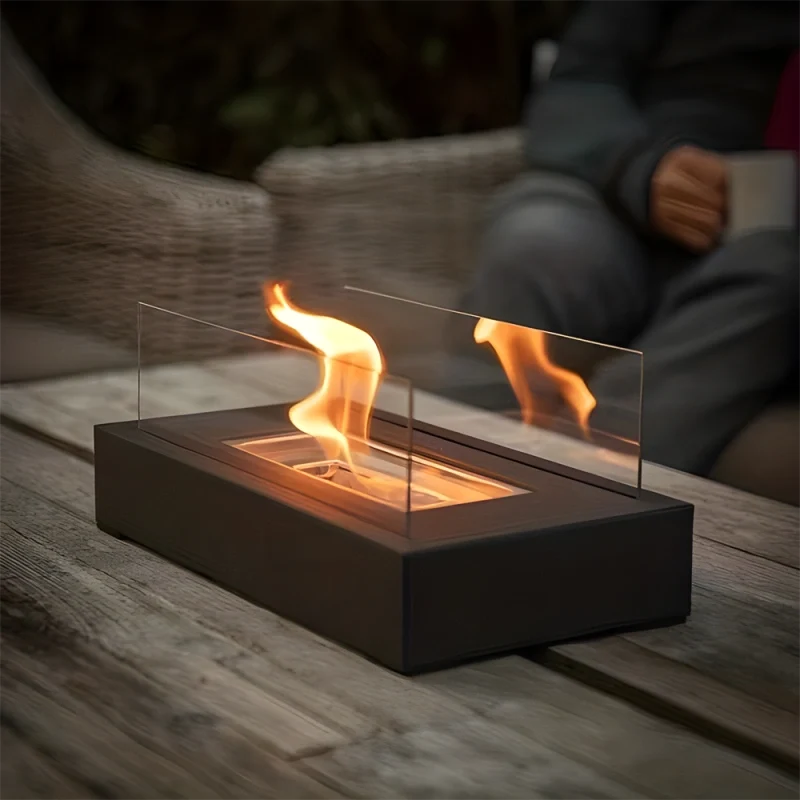 Tabletop Fireplace, Glass & Metal Ethanol Fire Bowl, Indoor & Outdoor, 14in