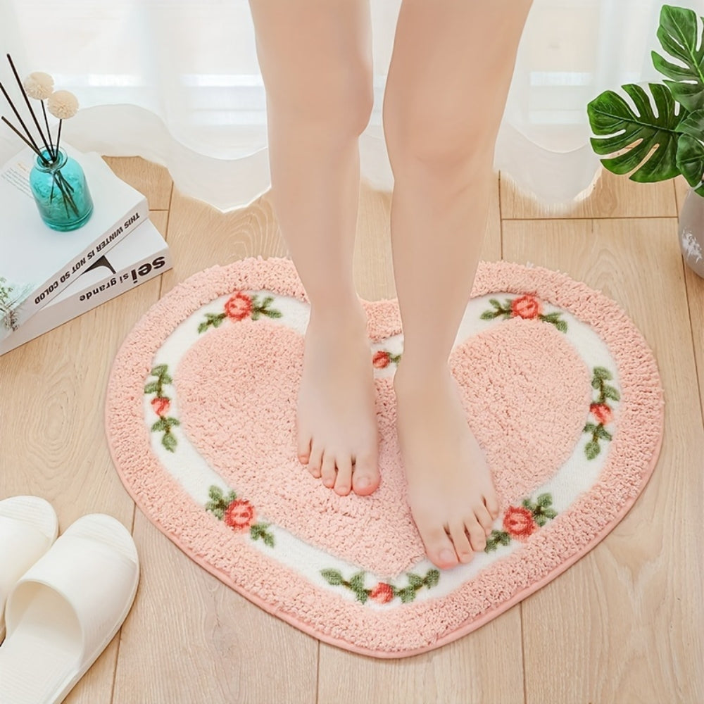 Heart Shaped Bath Mat with Tufted Floral Border, Soft Bathroom & Bedroom Mat, Machine Washable Non Slip, 6 Colors