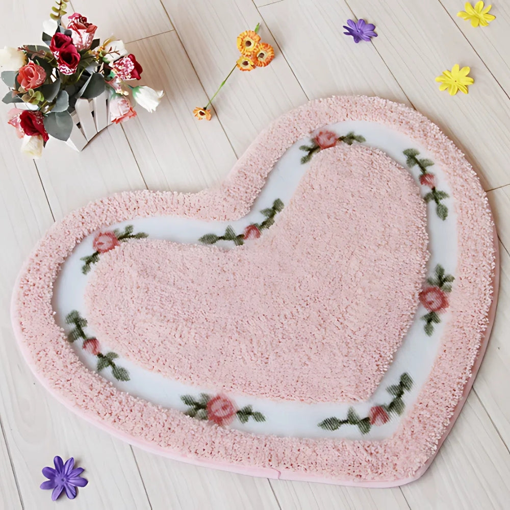 Heart Shaped Bath Mat with Tufted Floral Border, Soft Bathroom & Bedroom Mat, Machine Washable Non Slip, 6 Colors