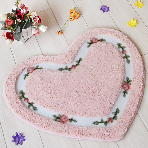 Heart Shaped Bath Mat with Tufted Floral Border, Soft Bathroom & Bedroom Mat, Machine Washable Non Slip, 6 Colors