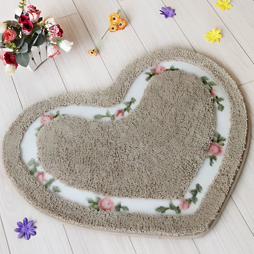 Heart Shaped Bath Mat with Tufted Floral Border, Soft Bathroom & Bedroom Mat, Machine Washable Non Slip, 6 Colors