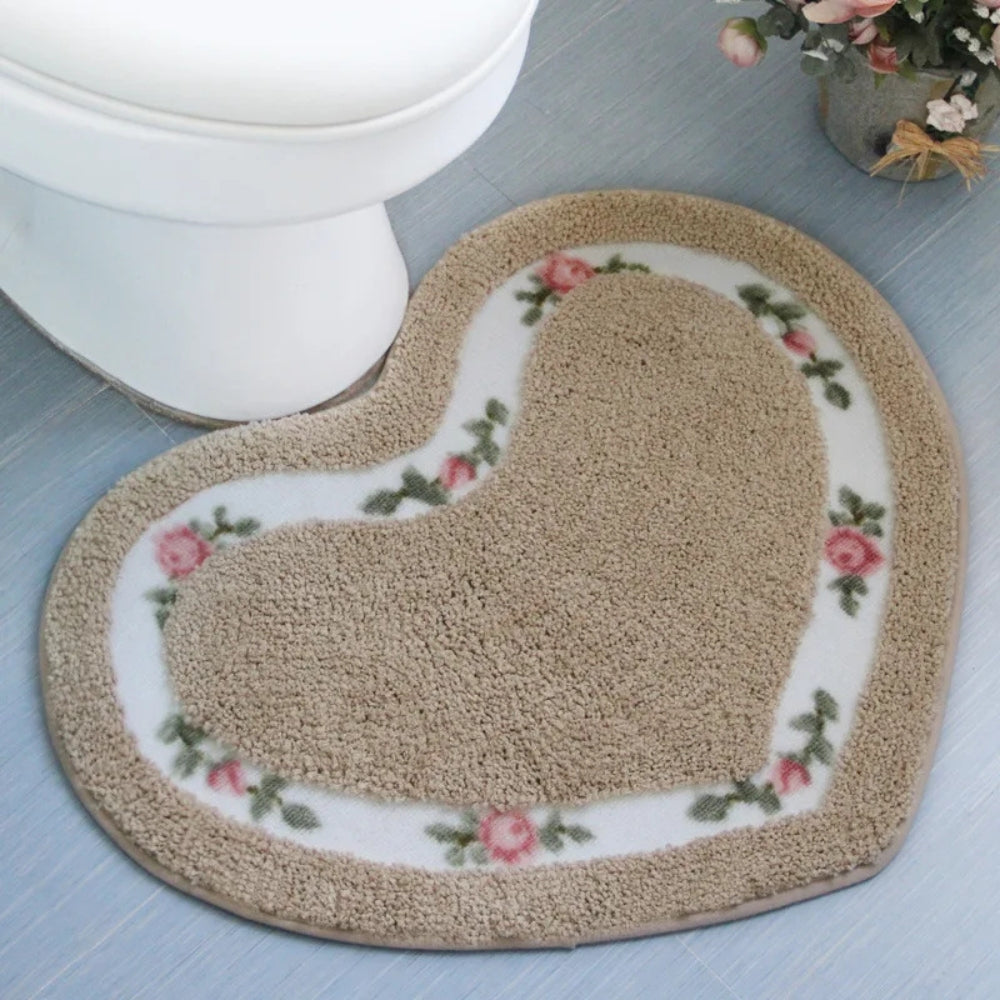 Heart Shaped Bath Mat with Tufted Floral Border, Soft Bathroom & Bedroom Mat, Machine Washable Non Slip, 6 Colors