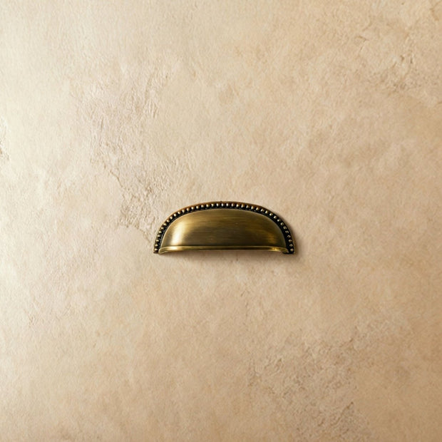 Solid Brass Cup Drawer Pulls, Traditional Kitchen & Vanity Hardware, Beaded Edge Detail, Set of 2 Pieces, 3in Hole Spacing
