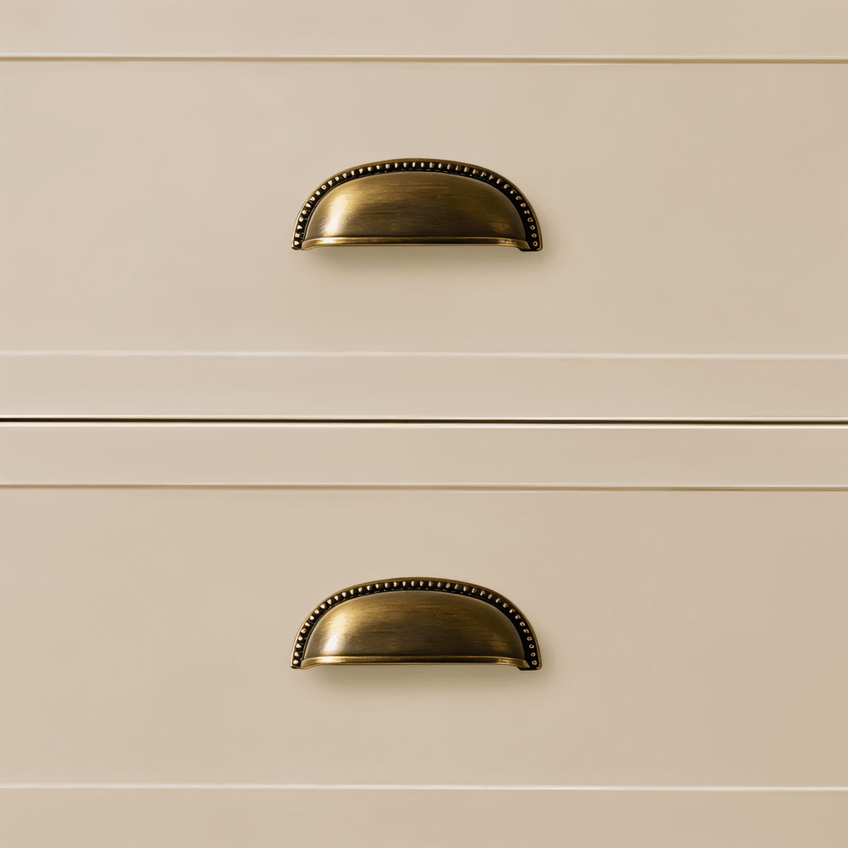 Solid Brass Cup Drawer Pulls, Traditional Kitchen & Vanity Hardware, Beaded Edge Detail, Set of 2 Pieces, 3in Hole Spacing