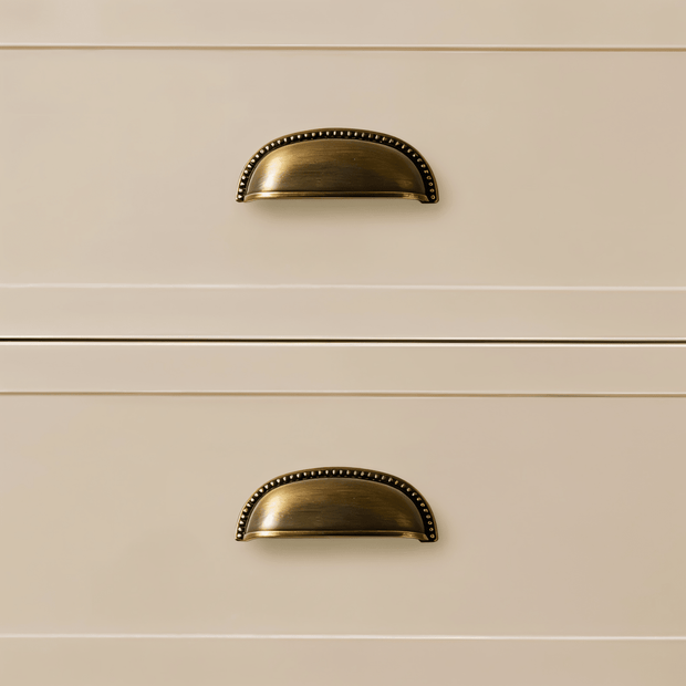Solid Brass Cup Drawer Pulls, Traditional Kitchen & Vanity Hardware, Beaded Edge Detail, Set of 2 Pieces, 3in Hole Spacing